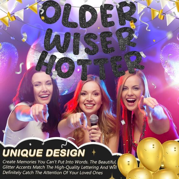 Older Wiser Hotter Glitter Banner Funny Birthday Banner Decorations (Black) - Picture 6 of 7